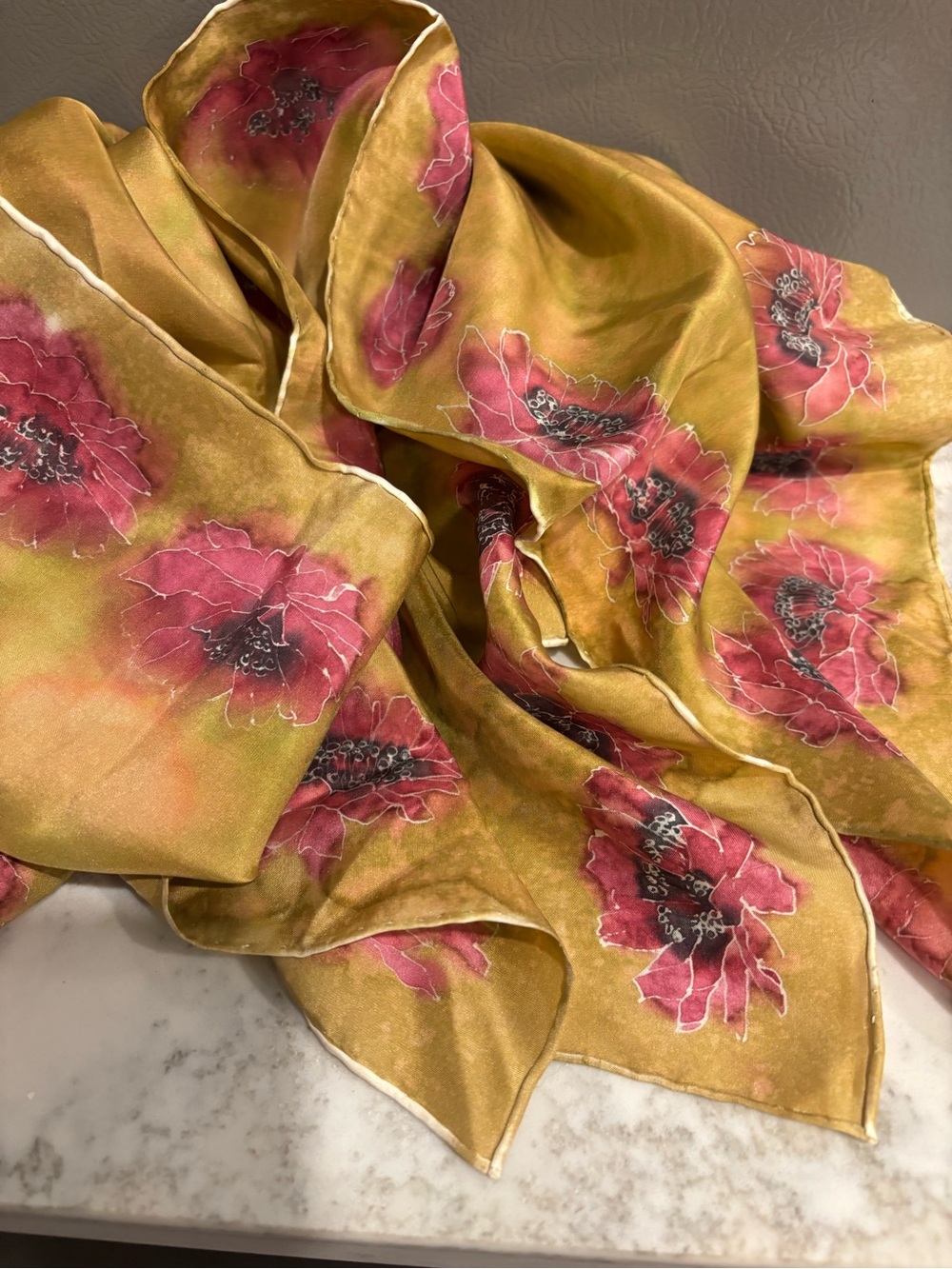 Silk Floral Scarf French Dye in Gold Green and Pink BIN29
